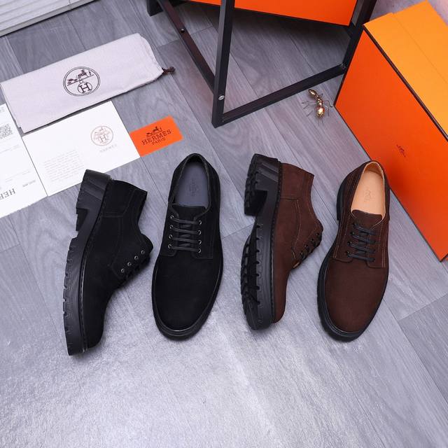 商品商标：Hermes 爱马仕 商务皮鞋 正码码数: 39-44 38.45.46订做 商品材料：精选优质磨砂牛皮鞋面 水染牛皮内里 原版大底